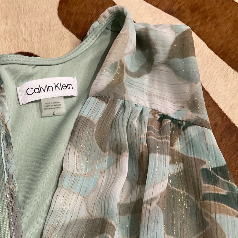 Calvin Klein Tiered Maxi Dress Sea Green Metallic Gold Floral Print Sz 6 - Picture 7 of 8